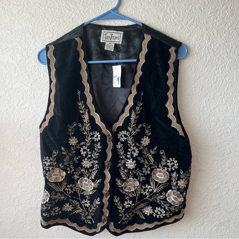 Vintage 90s Grunge Embroidered Floral Velvet Vest Medium